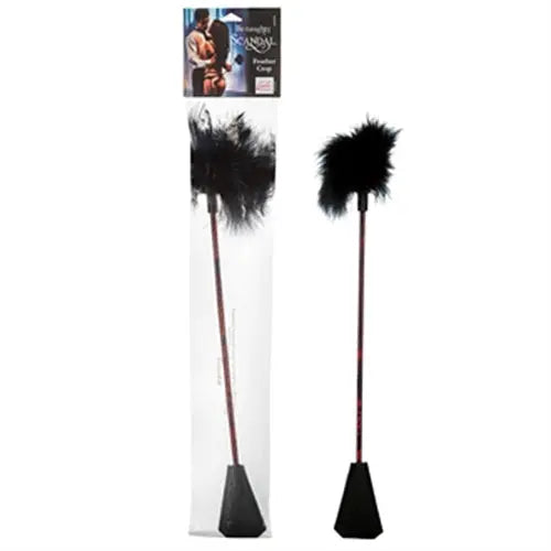 Feather crop toy with black feather tuft and dark handle