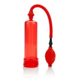Red plastic fireman's pump with flexible hose and squeeze bulb.