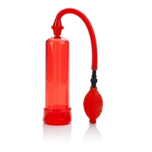 Red plastic fireman's pump with flexible hose and squeeze bulb.