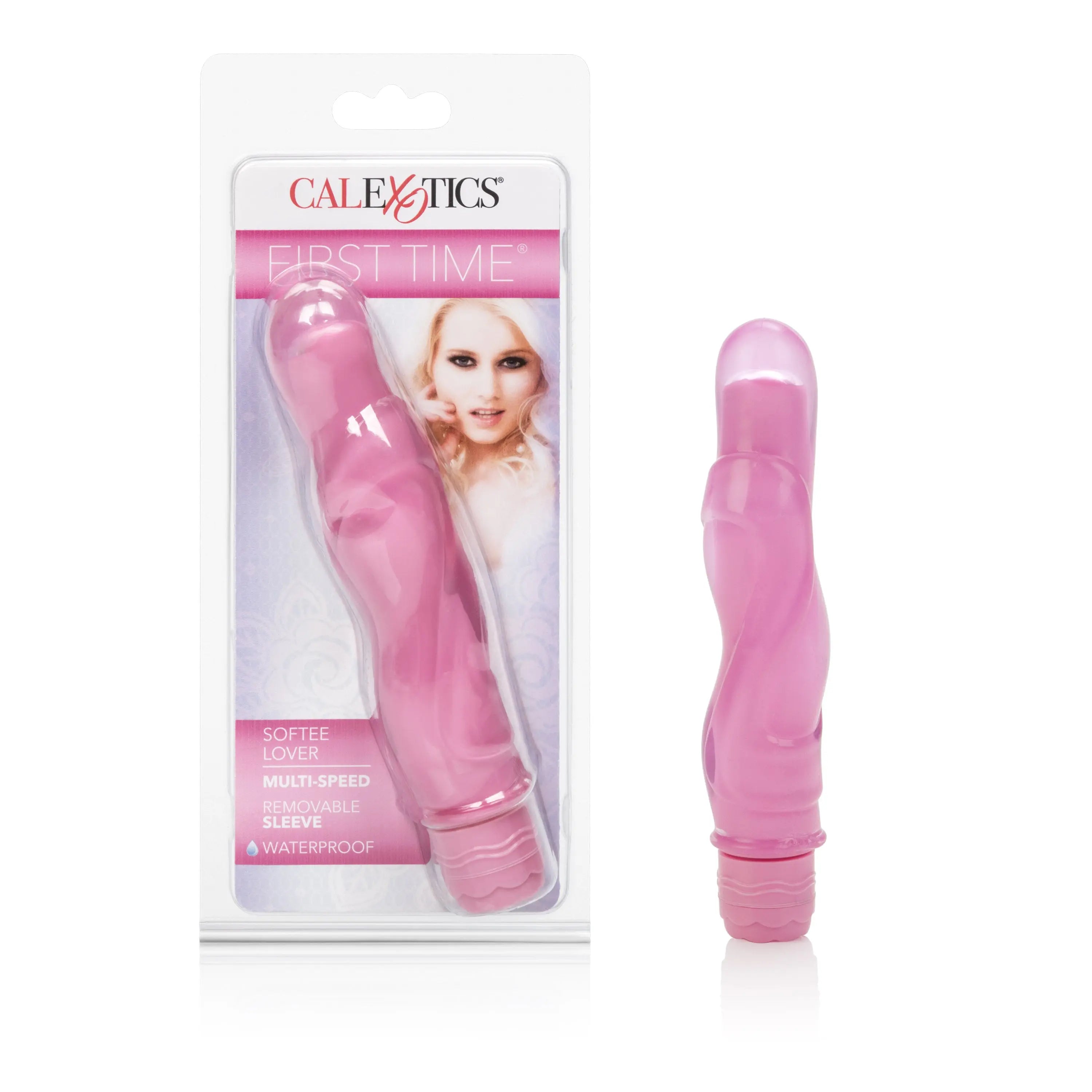 Pink silicone curved vibrator with ribbed grip and flexible tip