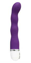 Purple silicone vibrator with chrome base, tapered curved shape