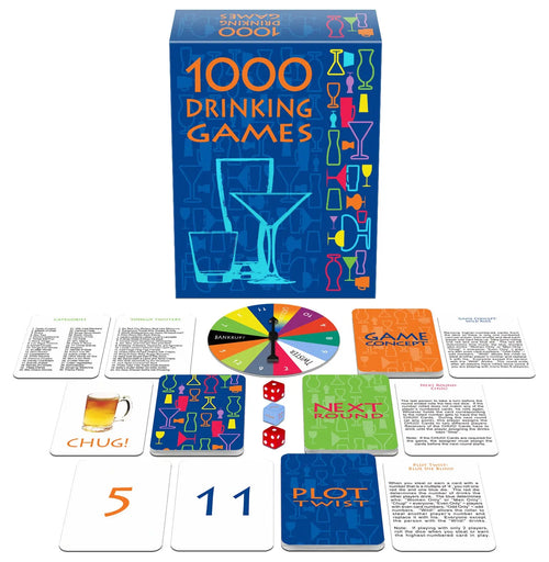 Drinking card game set with colorful cards, spinner, and dice