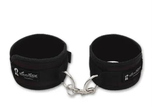 Black fabric love cuffs with metal chain and keyring