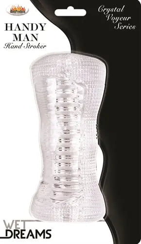 Handheld crystal-textured stroker, clear with raised ridges and channels