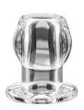 Large clear tunnel plug with flared base and transparent acrylic body
