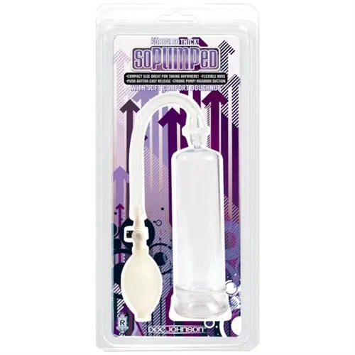 Clear penis pump in blister packaging with pump cylinder and base seal