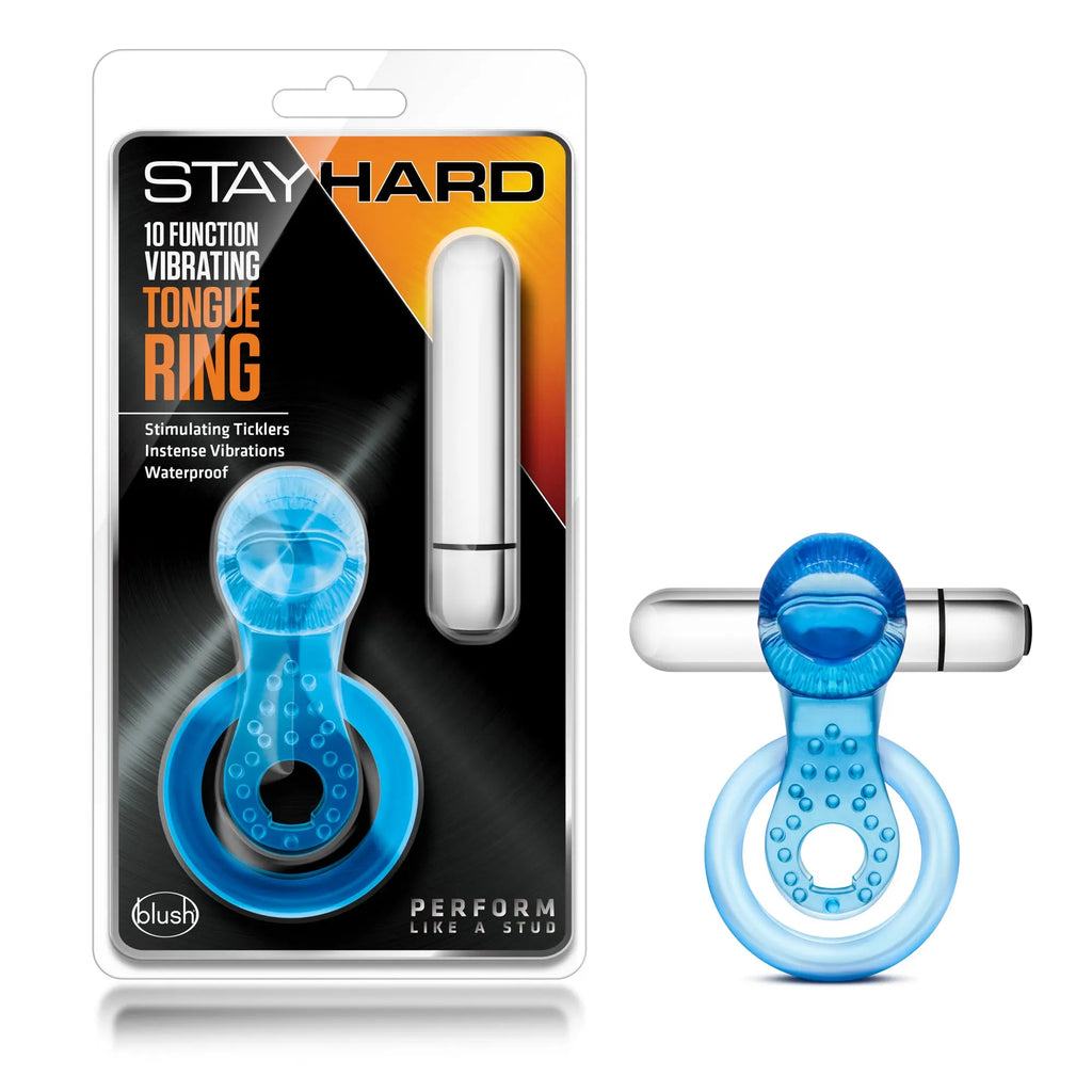 Stay Hard 10 Function Vibrating Tongue Ring - Blue – body-safe materials 10 vibration modes | Fu'Cha Exotics