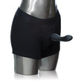 Black boxer brief harness underwear with front opening and attached curved strap