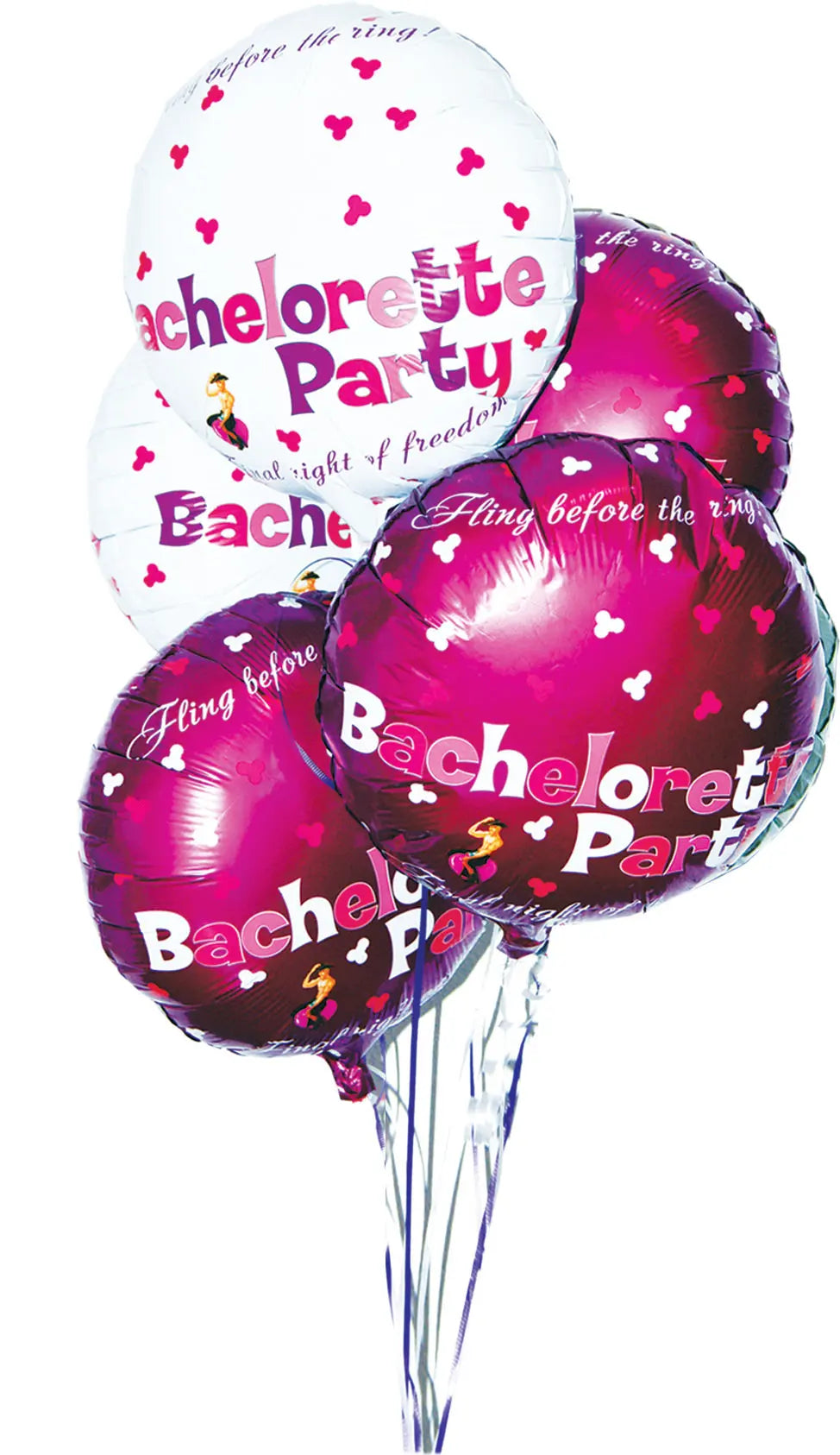 Bachelorette party foil balloons set: white and purple heart print, text, and ribbon ties