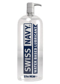 Swiss Navy water-based lubricant bottle with pump, clear bottle and navy label