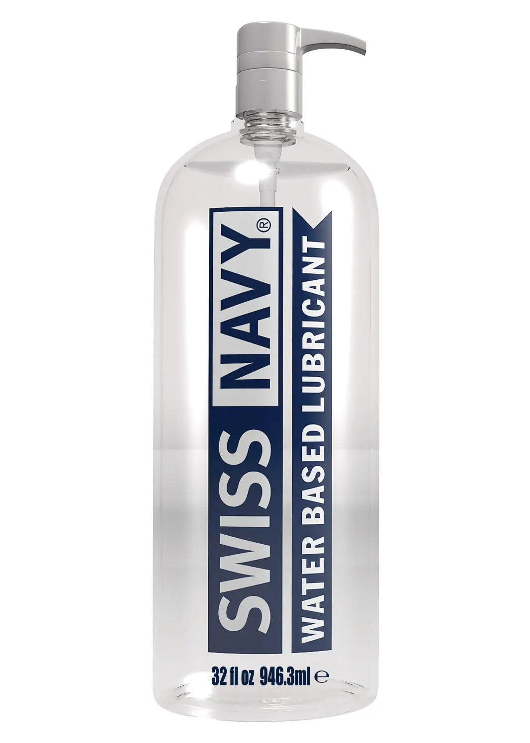 Swiss Navy water-based lubricant bottle with pump, clear bottle and navy label
