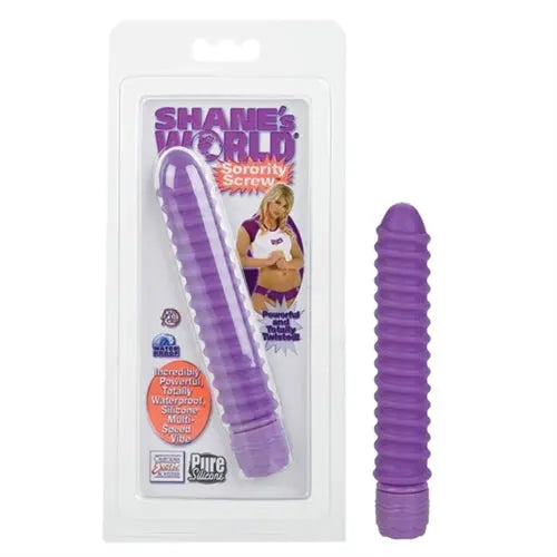 Purple ribbed silicone vibe with grooved texture.