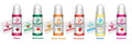 Assorted mini fruit juice bottles labeled cherry, watermelon, mango, strawberry, banana