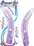 Purple translucent ridged adult pleasure device with curved handle