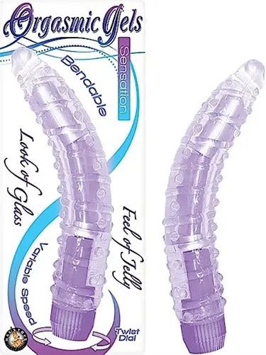 Purple translucent ridged adult pleasure device with curved handle
