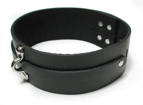 Black leather bondage collar with metal rings and round stud accents