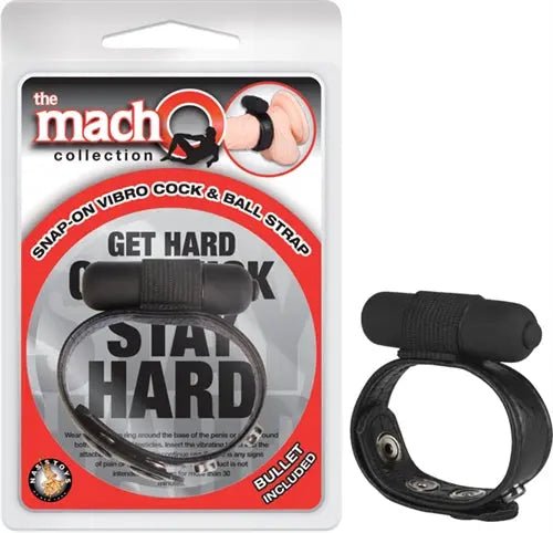 Black snap-on vibro cock and ball strap with circular ring and padded strap