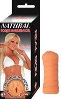 Flesh-colored pocket masturbator with ribbed, rounded texture and flared opening