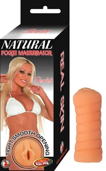 Flesh-colored pocket masturbator with ribbed, rounded texture and flared opening