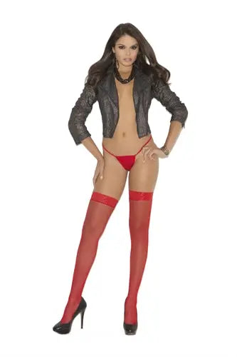 Red fishnet thigh-high stockings with lace top