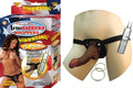 Brown vibrating 8-inch dong with universal harness and controller