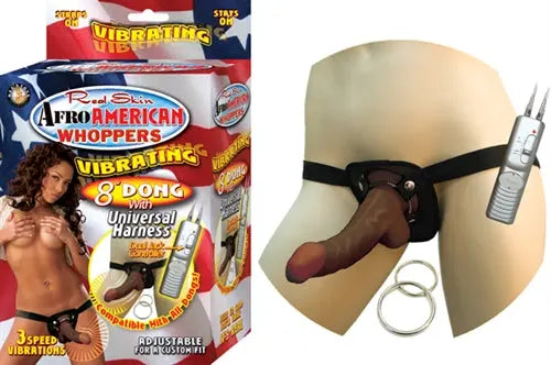 Brown vibrating 8-inch dong with universal harness and controller