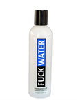 Water-based lubricant bottle with black cap, clear liquid, blue-and-white label