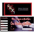 Black coupon card with red border, pink and white typography, "Sexual Position Coupons"