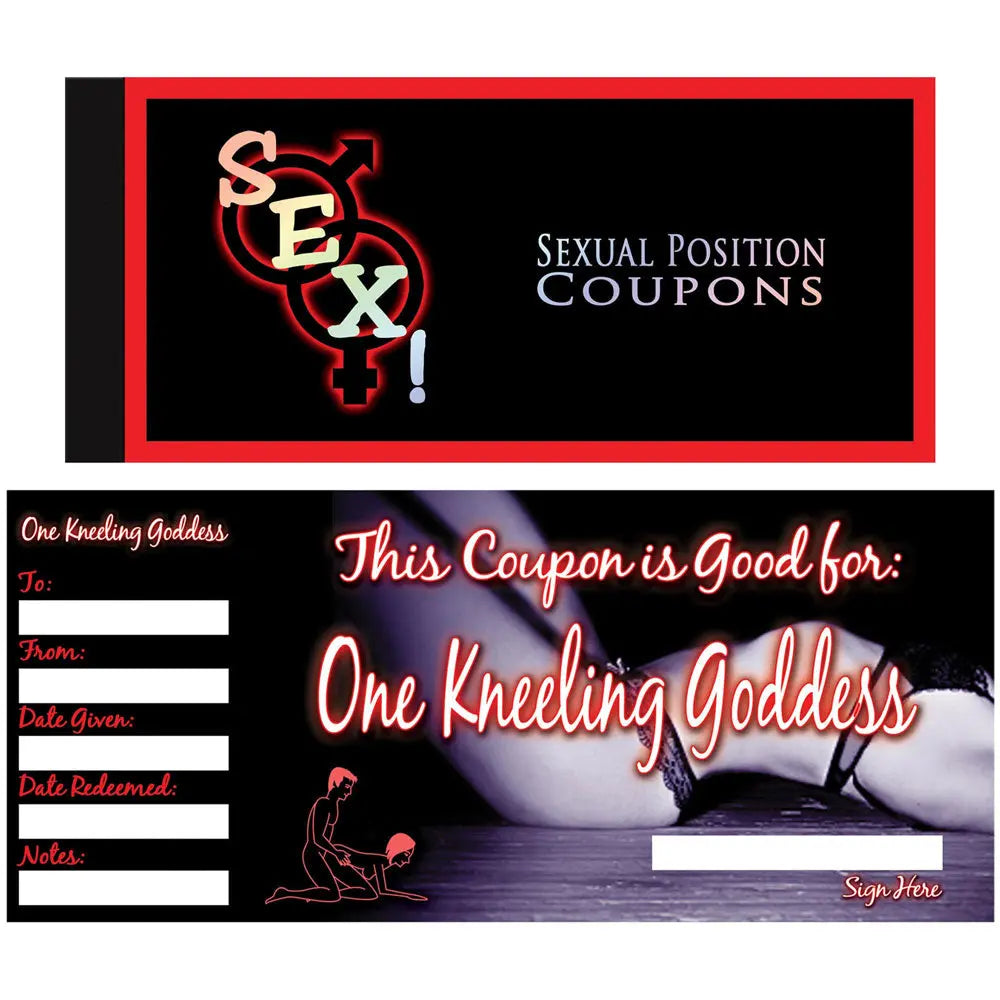 Black coupon card with red border, pink and white typography, "Sexual Position Coupons"