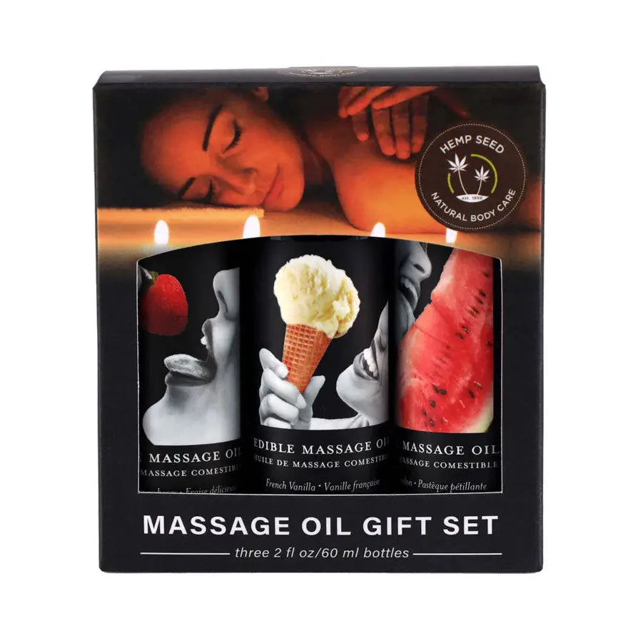 Edible Massage Oil Gift Set Box - 2 Fl. Oz. Bottles - Strawberry, Watermelon, Vanilla – body-safe materials | Fu'Cha Exotics