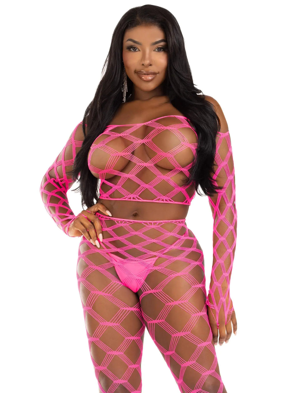 2 Pc Net Crop Top and Footless Tights - One Size - Neon Pink – body-safe materials | Fu'Cha Exotics