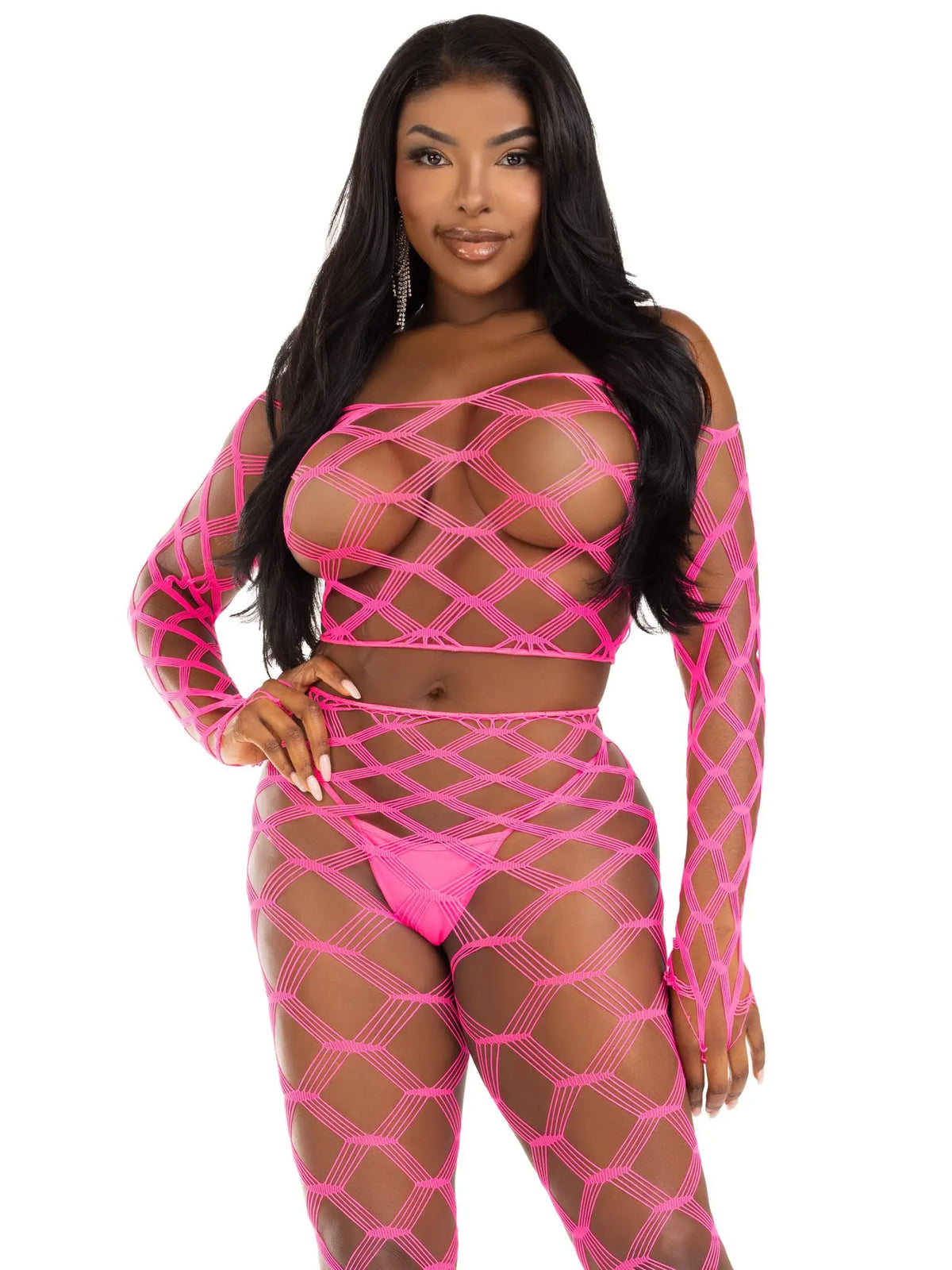 2 Pc Net Crop Top and Footless Tights - One Size - Neon Pink – body-safe materials | Fu'Cha Exotics