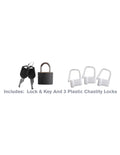 Chastity lock set with padlocks, keys, and three plastic locks