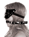 Black masquerade mask and ball gag with studded glossy straps