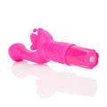 Pink silicone butterfly-shaped massager with molded grip and wide handle tip