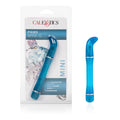 Blue waterproof mini vibrator with curved handle and smooth glossy finish