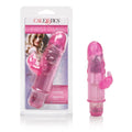 Pink translucent rabbit-shaped sex toy with ridged handle and vibrating tip