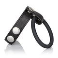 Black leather ball spreader with metal snap buttons and black ring handle