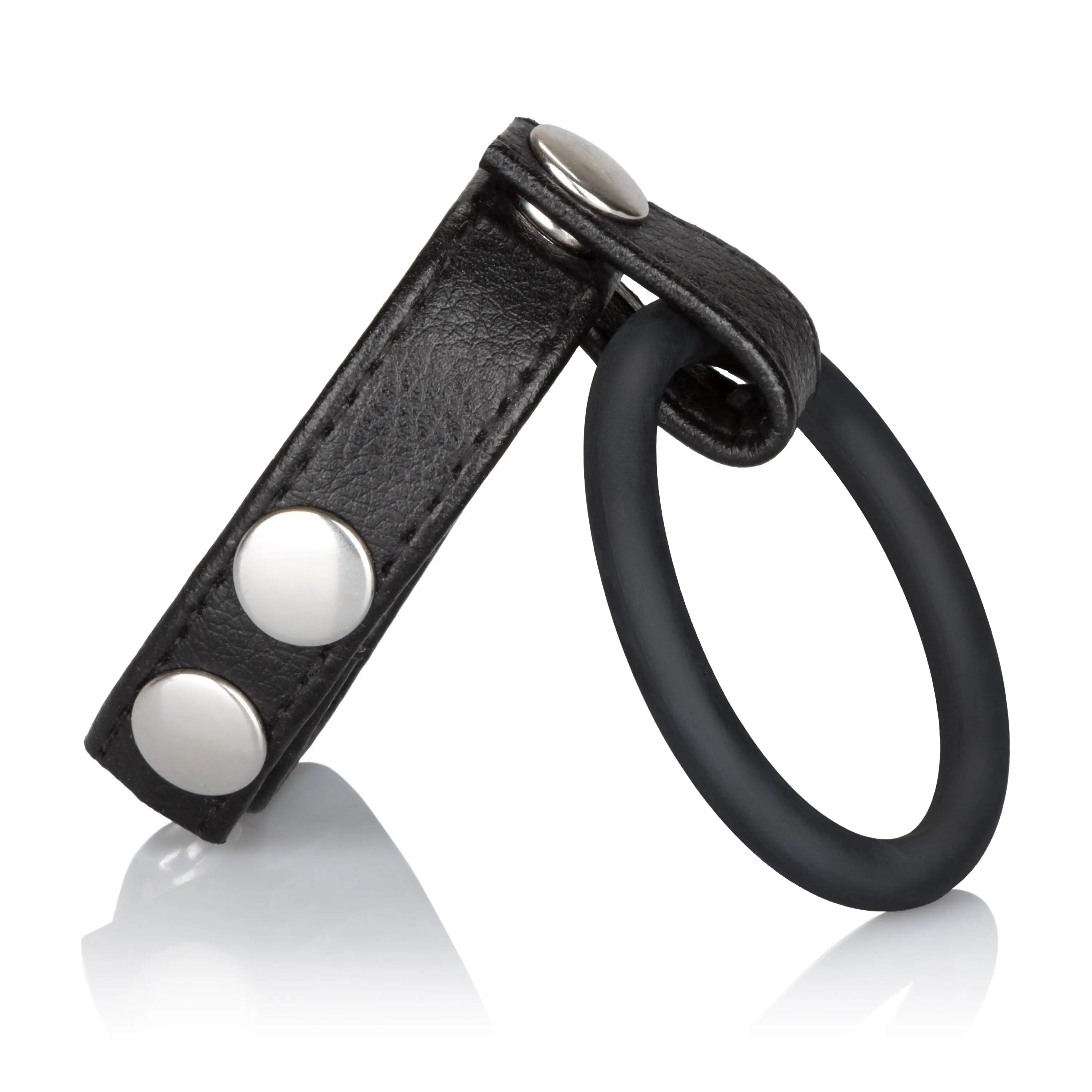 Black leather ball spreader with metal snap buttons and black ring handle