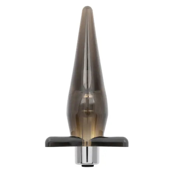 Slender rechargeable probe with smoke-tinted glass body and chrome base