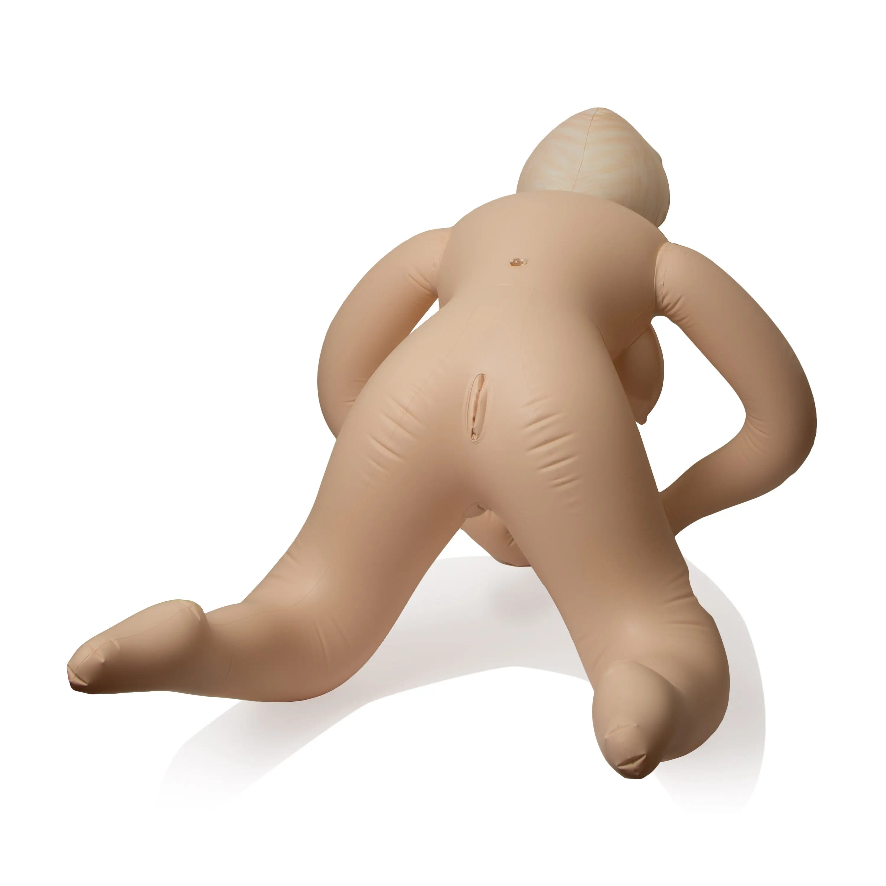 Beige love doll wearing a cowboy hat, posed on all fours