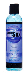 Electro sex gel bottle with blue liquid and label reading INCITE Electro Sex Gel, Zeus