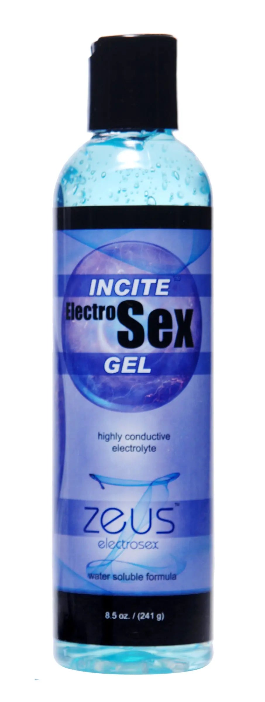 Electro sex gel bottle with blue liquid and label reading INCITE Electro Sex Gel, Zeus
