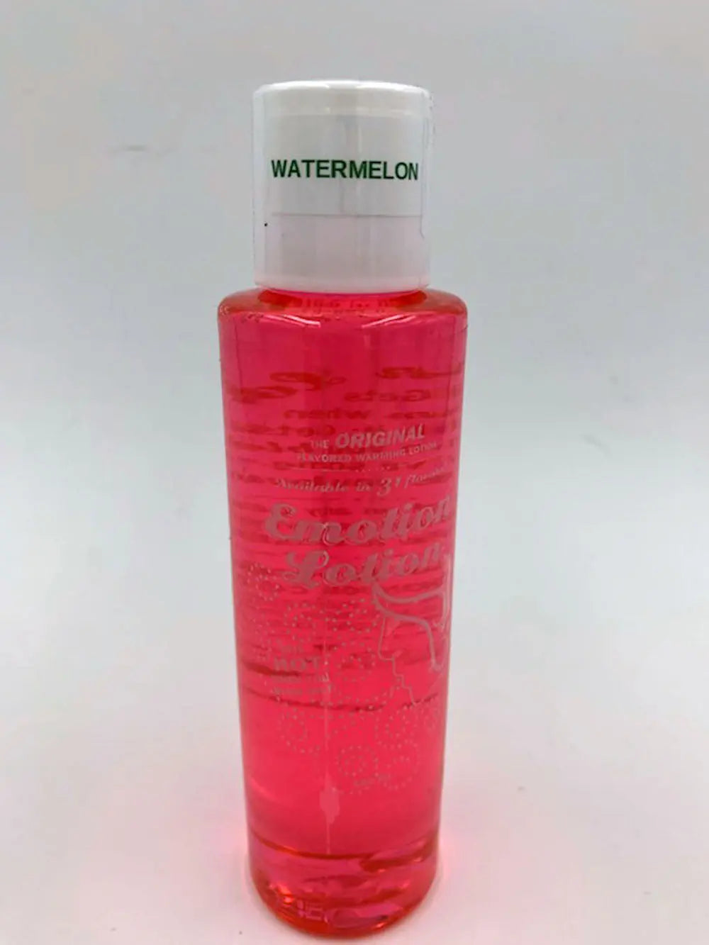 Watermelon lotion bottle with red liquid and white cap