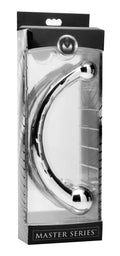Curved stainless steel dildo in clear blister packaging, chrome finish