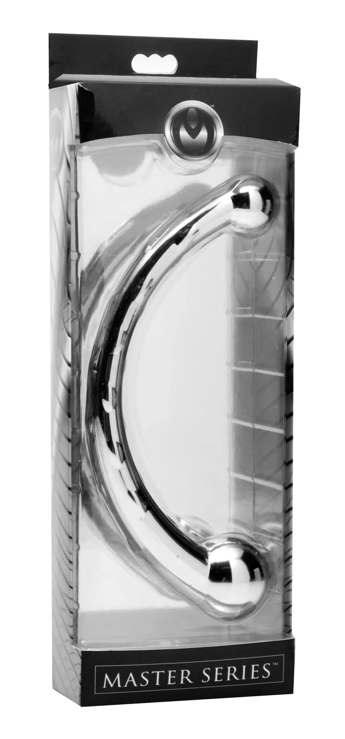 Curved stainless steel dildo in clear blister packaging, chrome finish