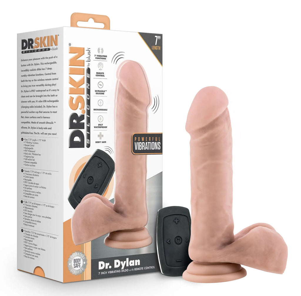 Dr. Skin Silicone - Dr. Dylan - 7 Inch Vibrating Dildo With Remote Control- Vanilla – body-safe materials | Fu'Cha Exotics