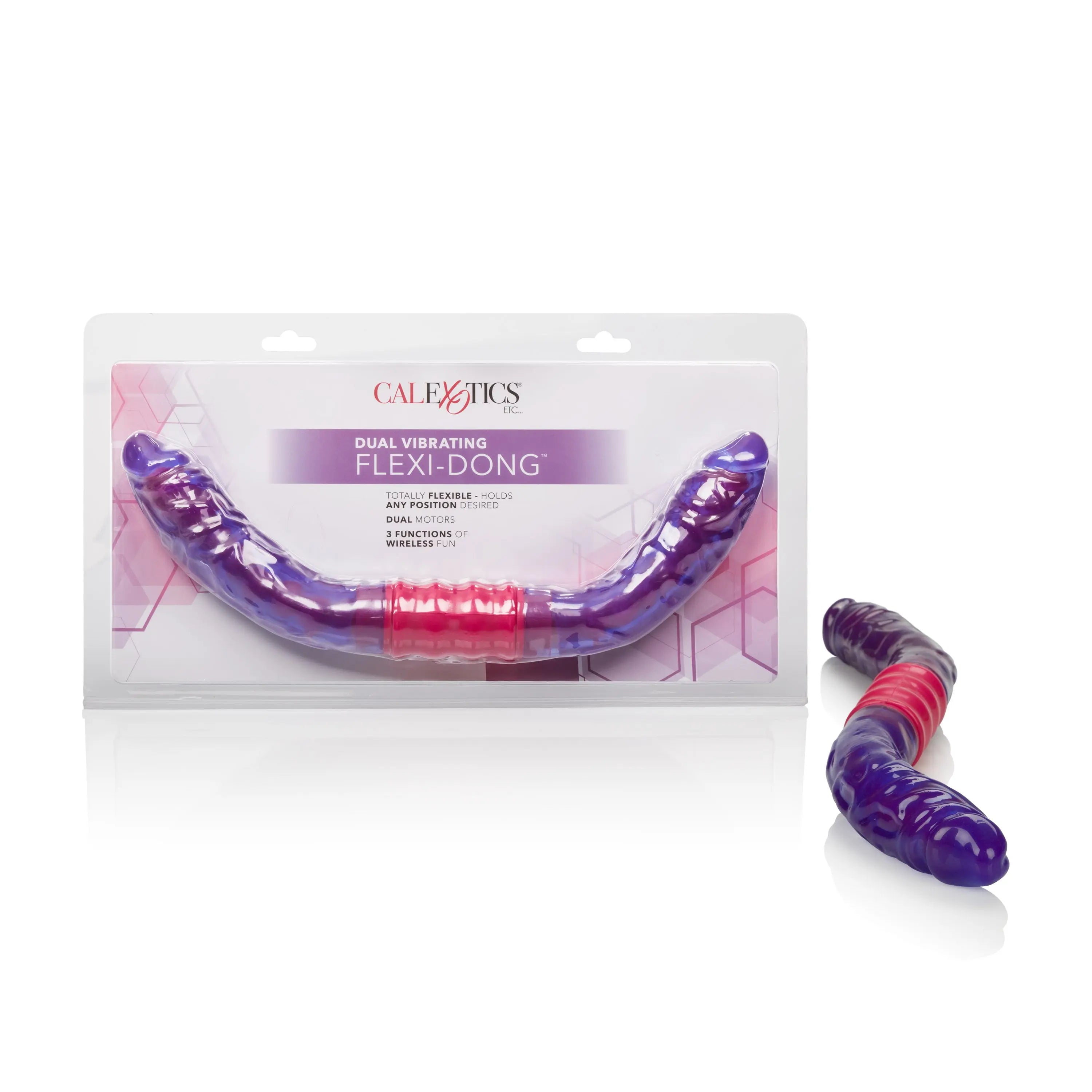 Dual vibrating flexi dong, purple flexible U-shape with red center accents
