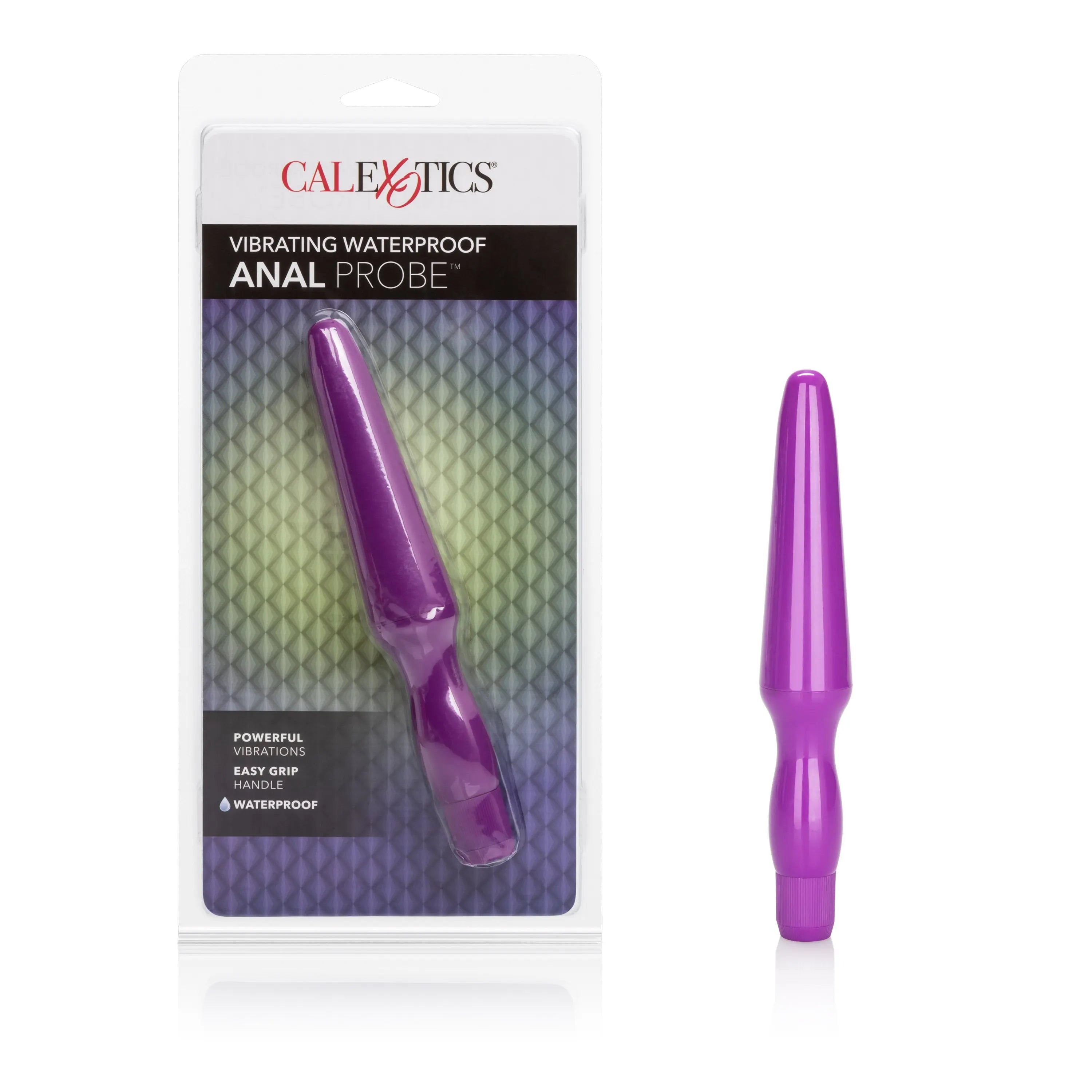 Purple vibrating waterproof anal probe with ribbed grip and flared tip
