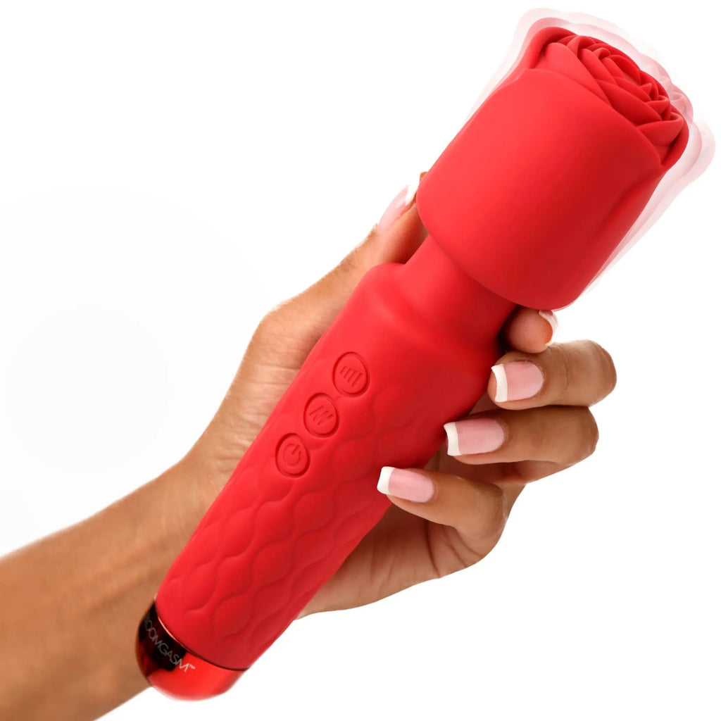 Pleasure Rose 10x Silicone Wand With Rose Attachment - Red – body-safe materials | Fu'Cha Exotics